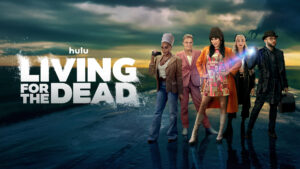 Five people pose on a deserted road with black clouds hanging in the sky. Hulu "Living for the Dead."